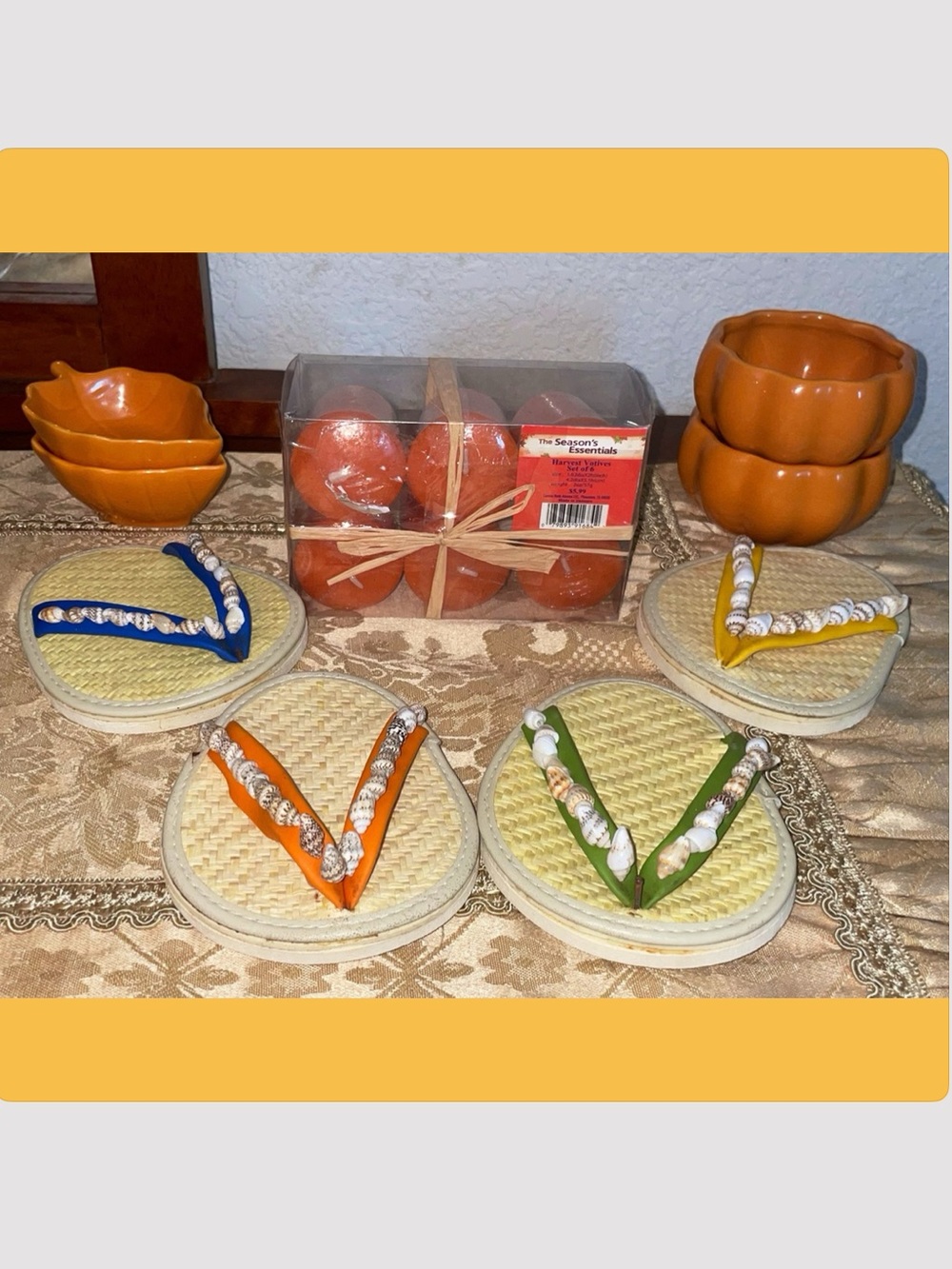Tommy Bahama Sea Shell Flip Flop Coaster set,6 pc Votive set, Dip Trinket Dishes